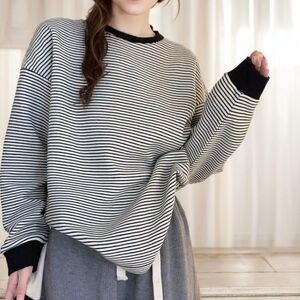 Striped Long Sleeve Tee with Contrast Trim - Black/White